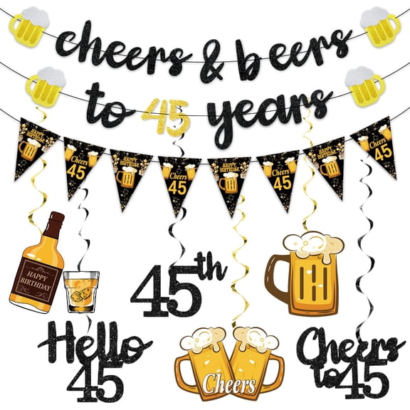 Black Gold 45th Birthday Decorations for Men Him, Glitter Pre-Strung Cheers to 45 Years Banner Hanging Swirls Paper Triangle Flag Banner Decorations Bday Party Supplies Kit