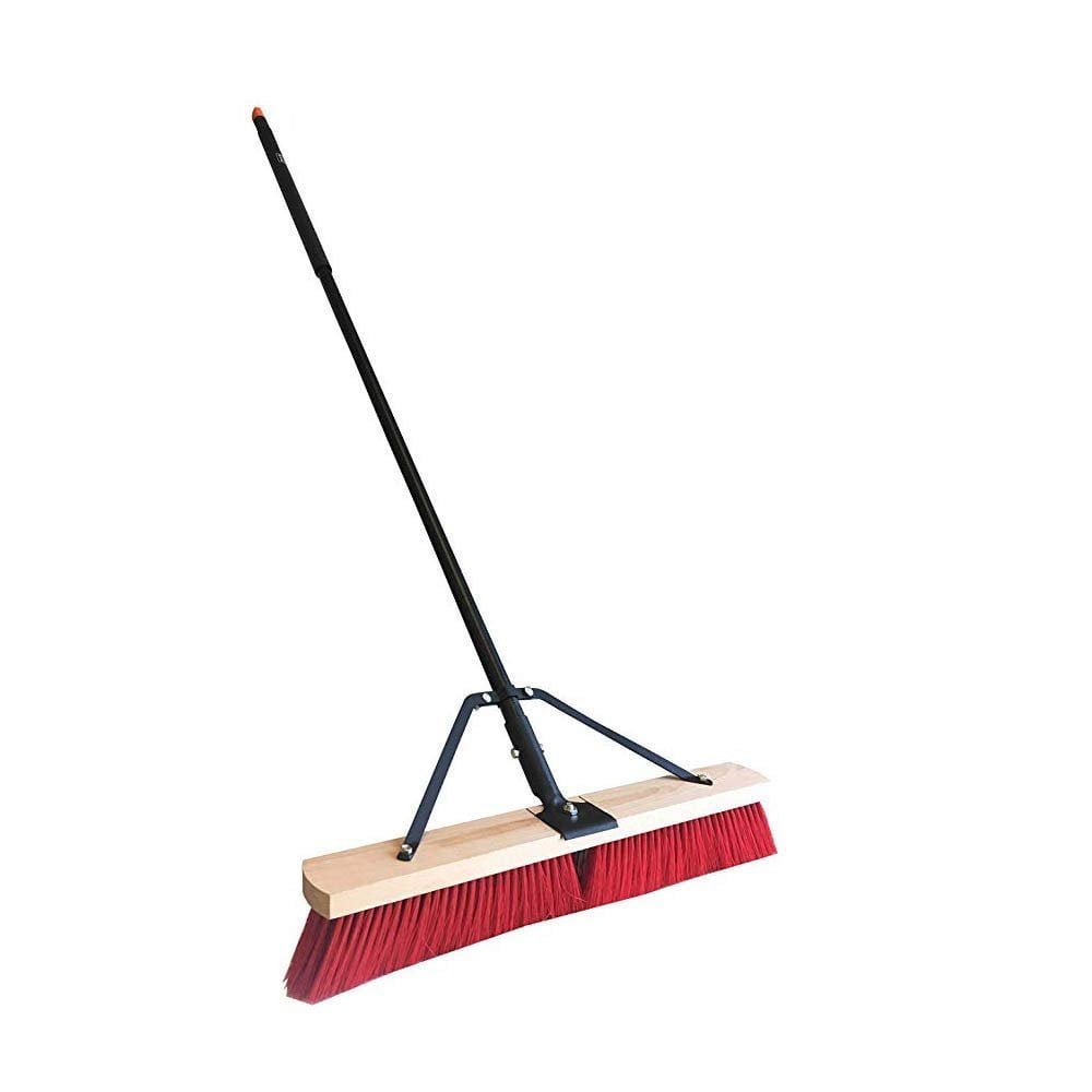 Professional Super Duty Industrial Push Broom Rough Surface Sweeper Red Stiff Bristles & Steel