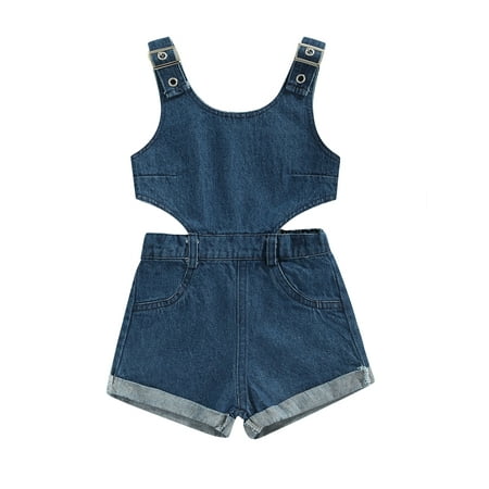 

Gureui Toddler Infant Baby Girls Summer Playsuit Sleeveless U-neck Buckle Shoulder Straps Cutout Waist Denim One Piece Romper