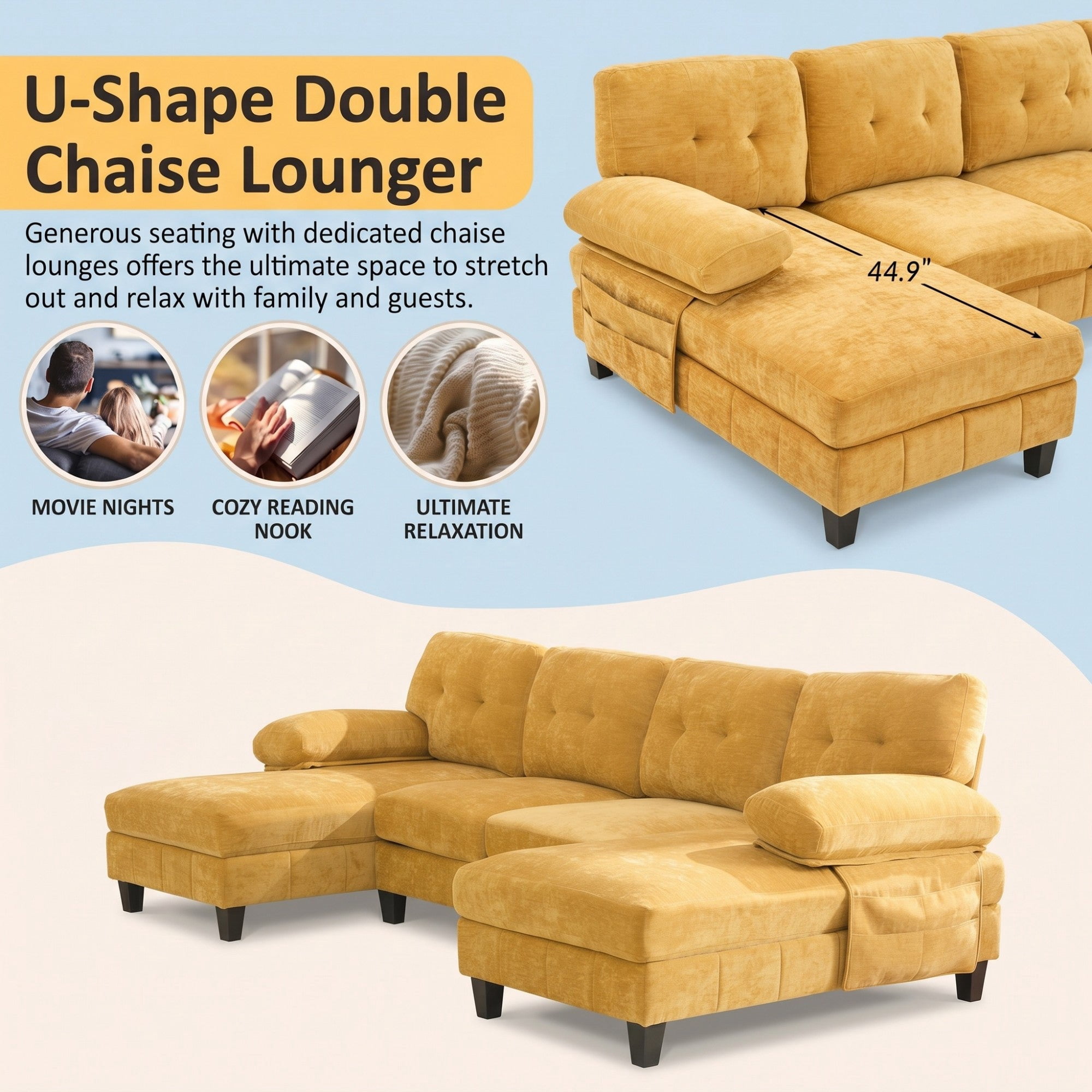 Sailvan 103.5" U-Shaped Sectional Sofa, Chenille Fabric Couch with Dual Chaises and Storage Pockets Yellow