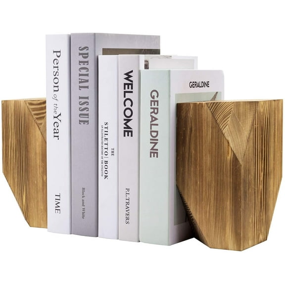 MyGift 2 Piece Rustic Burnt Solid Wood Geometric Style Bookends, Brown
