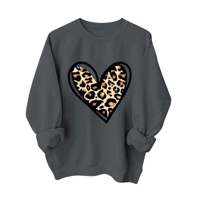 Hauts Romantiques pour Femmes 2026, Chandail en Molleton Léopard à Col Rond Confortable, Tenues de Mode de la Saint-Valentin à Manches Longues, T-Shirts d'Amour Décontractés, Vêtements Quotidiens Doux