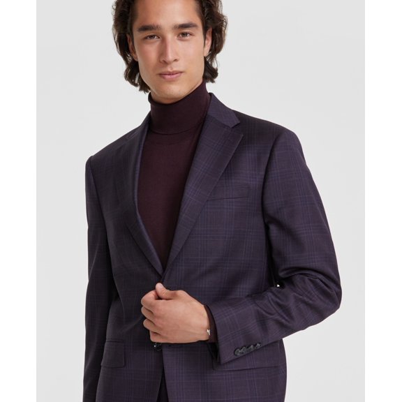 Calvin Klein Mens Slim fit Wool Suit Jacket Blazer 44 L Navy / Burgundy Plaid