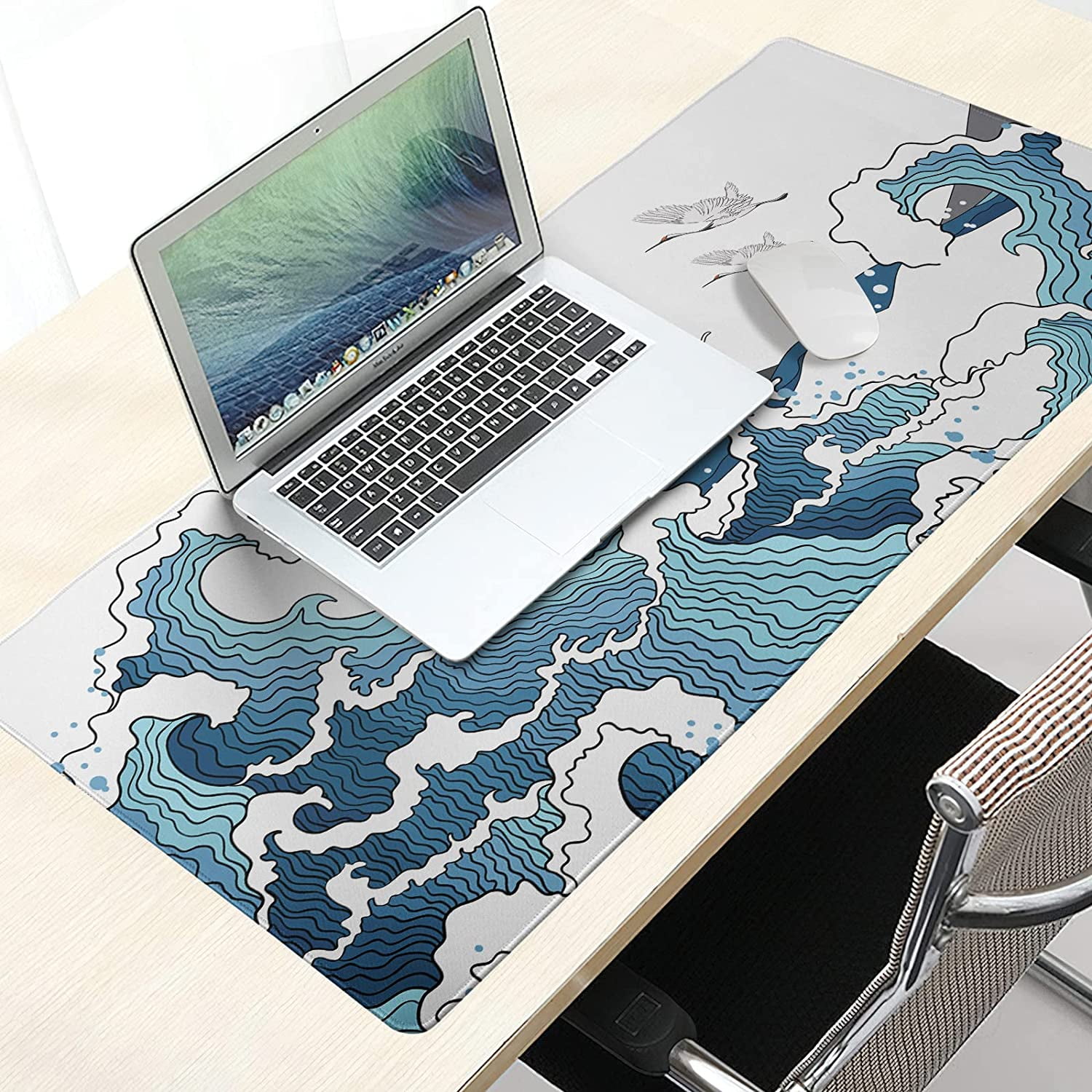 Japanese White and Blue Wave Mouse Pad 35.4 X 15.7 Inch Crane Hill Red Sun Extended Large Cool Mouse Mat Non-Slip Rubber Base Mousepad with Stitched Edges Waterproof Desk Pad for Gaming&Home Office,XL