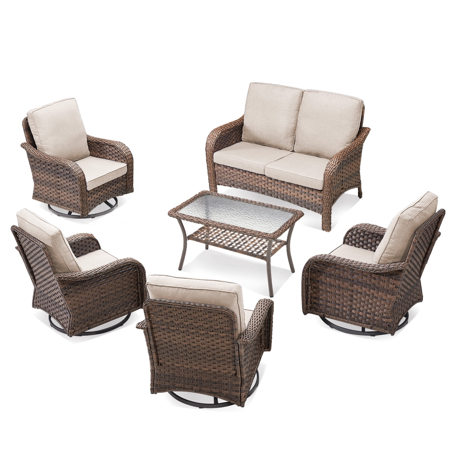 6 Piece Patio Wicker Furniture Sets, Outdoor Swivel Rocking Chairs, Loveseat and Glass Top Coffee Table Set with Beige Cushions