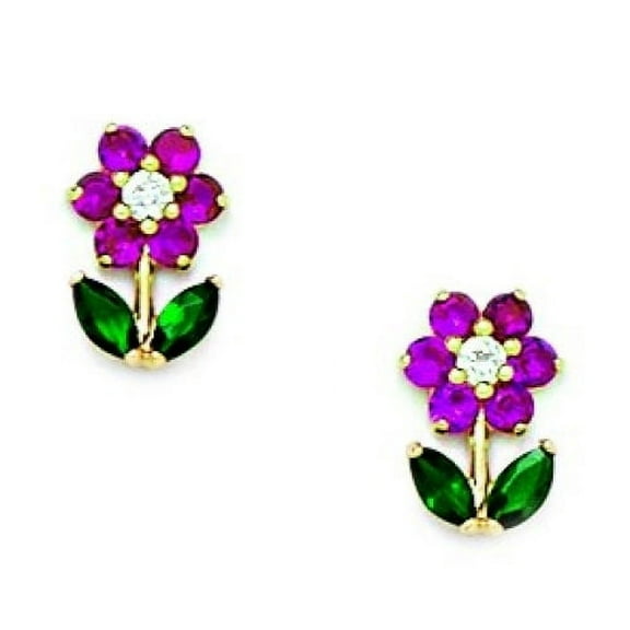 14k Yellow Gold Red and Green Cubic Zirconia Flower With Leaves Screwback Earrings - Measures 10x6mm