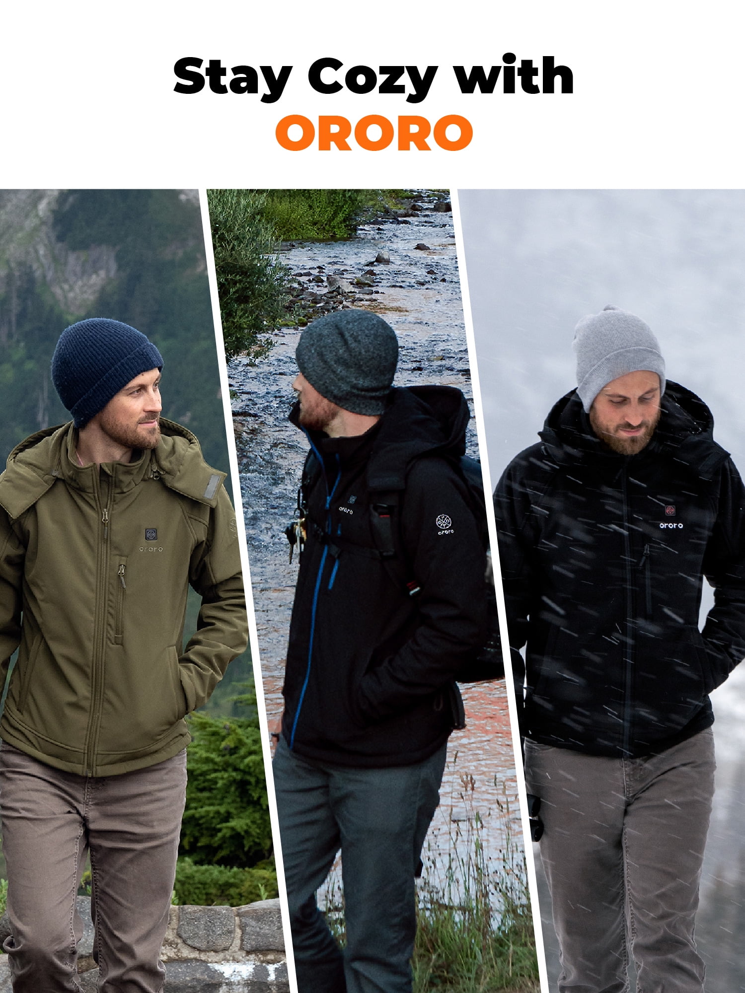 ORORO Men's Heated Jacket with Battery and Detachable Hood, Battery Powered Heating Jacket for Hiking Skiing Camping (Neutral Black, XL)
