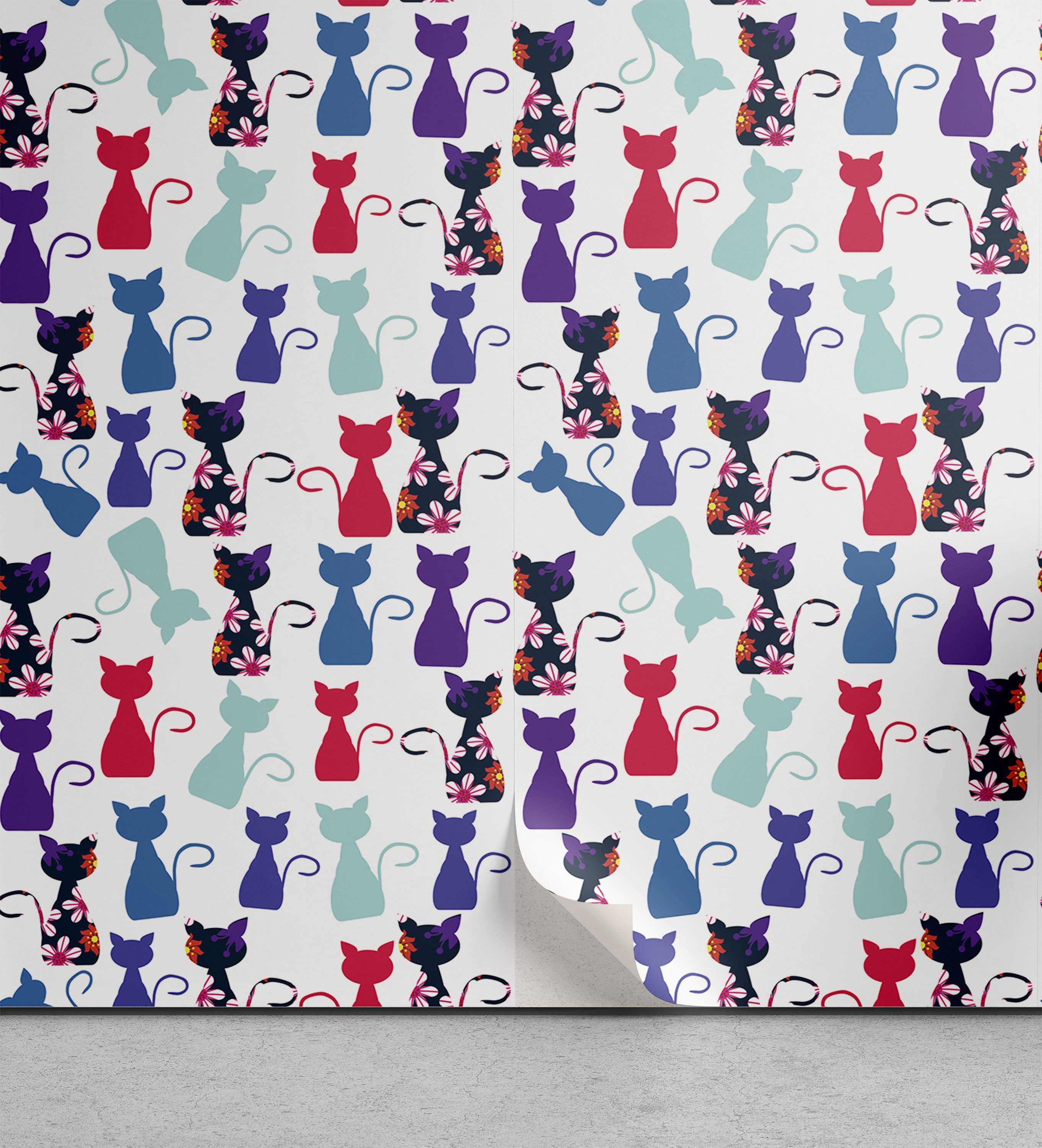 Cat Print Peel & Stick Wallpaper, Animals in Vivid Colors Flowers Funny