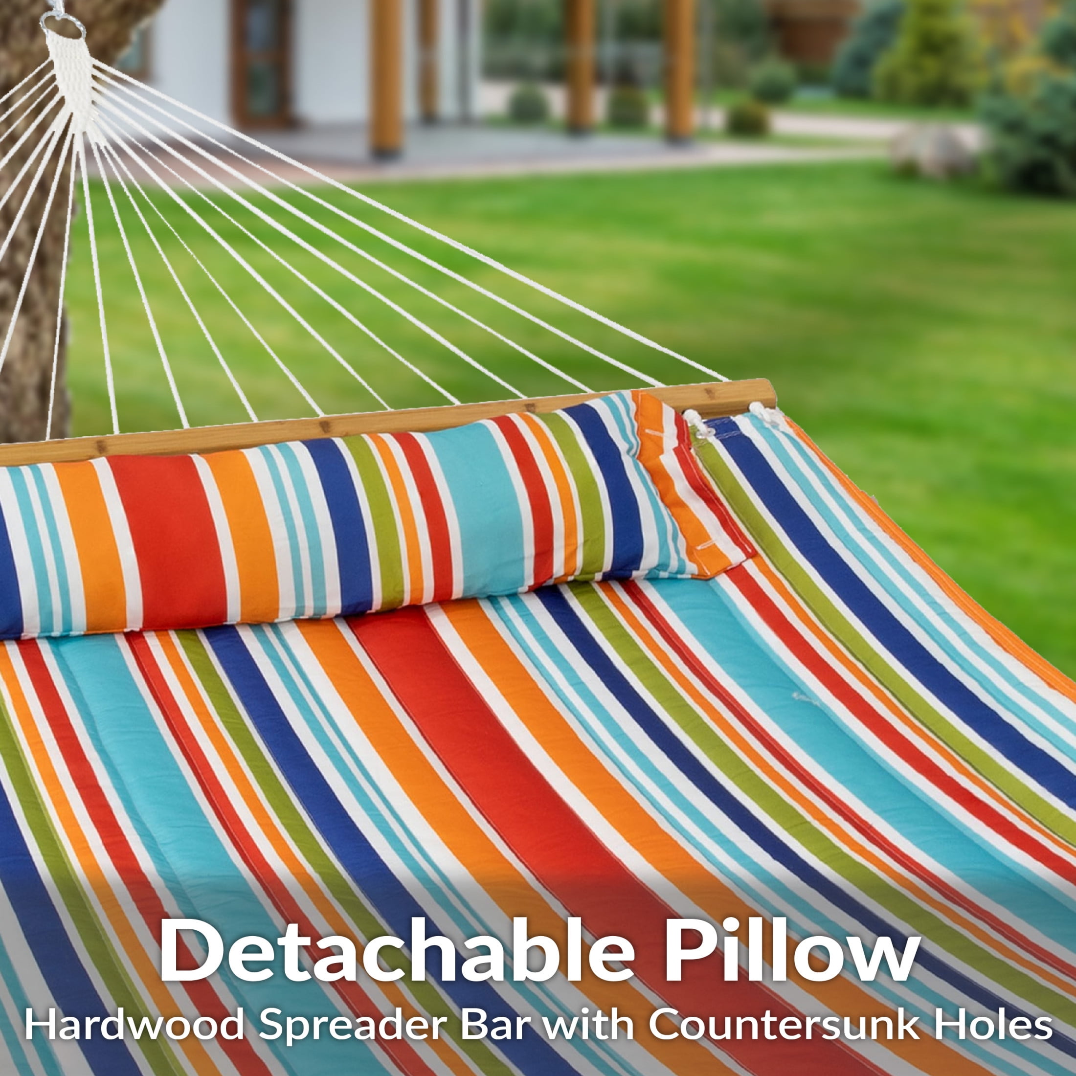 Sunnydaze 2-Person Quilted Polyester Spreader Bar Hammock, 450 lb Capacity - Caribbean Stripe