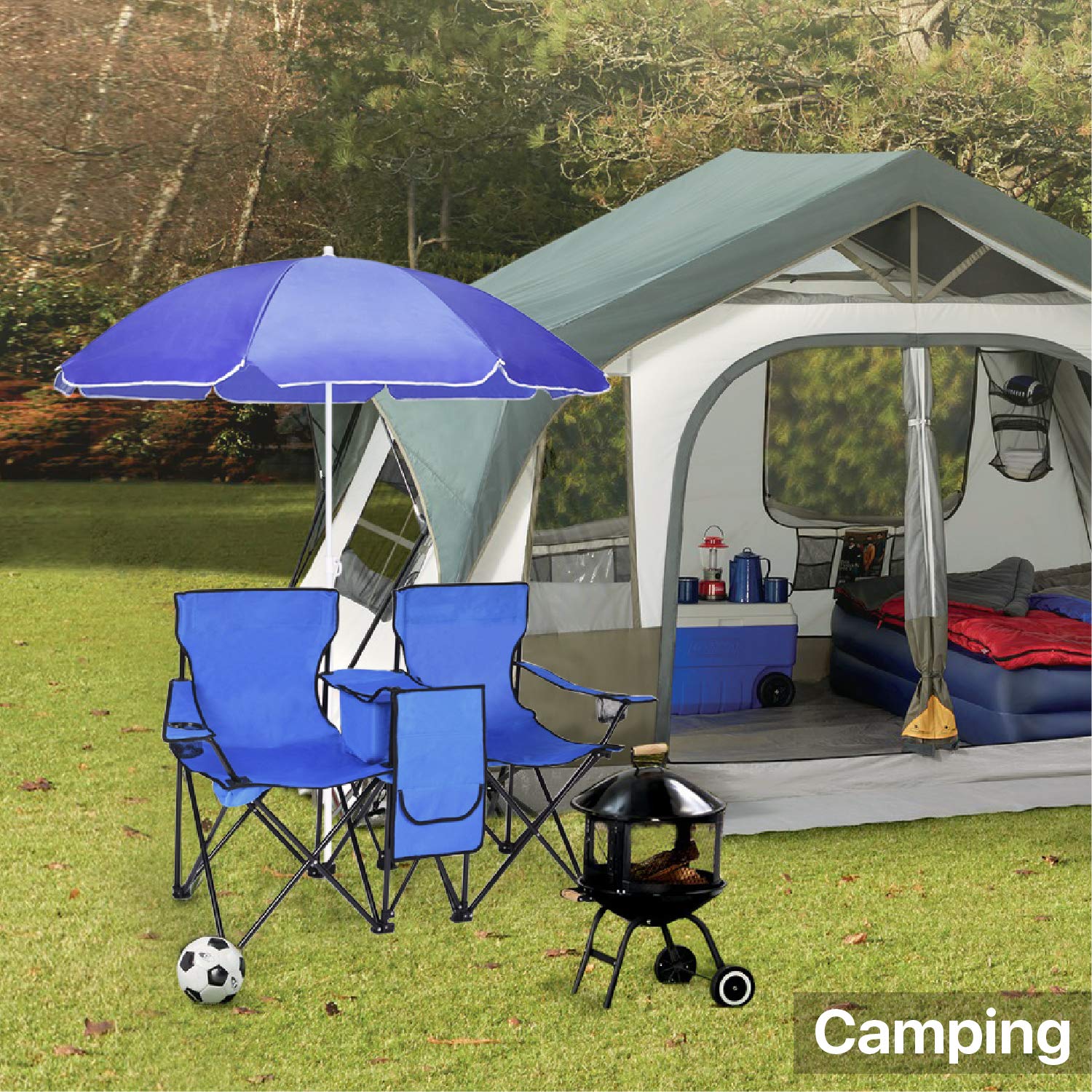 Urhomepro Folding New Camping Chairs with Umbrella Beverage Holder Blue, L3824 Polyester, Steel - image 3 of 9