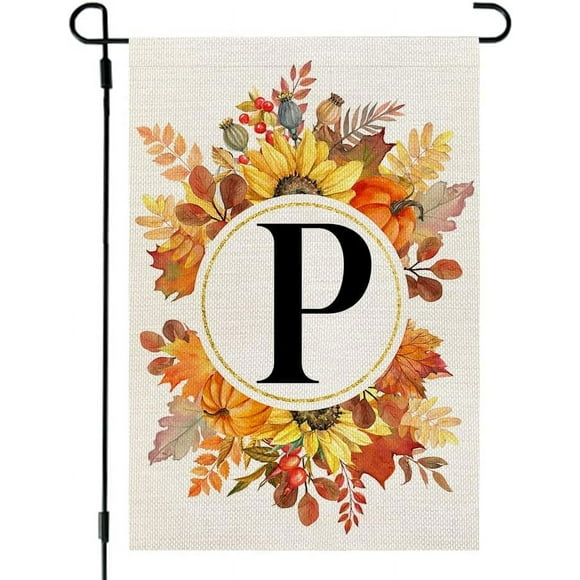 Monogramme d'Automne Lettre P Drapeau de Jardin Tournesol Feuilles de Citrouille 12x18 Pouces Double Face Extérieur Petit Jute Nom de Famille Initiale Décoration de Cour CF995-12