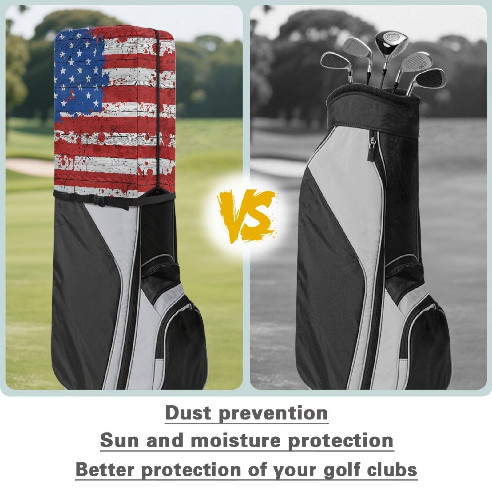 Chririnla American Flag Hood Golf Bag Cover Waterproof with Snap Button, Dust & Sun Protection for Clubs Universal Fit for Most Stand Bags, Cart Bags & Tour Bags