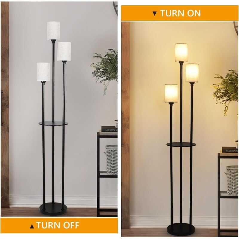 Shees, Modern Floor Living Room, 3-Lights with Linen Shade and Foot Switch, Industrial Standing Lamps Bedroom, Black Tall Table Lamp for Office