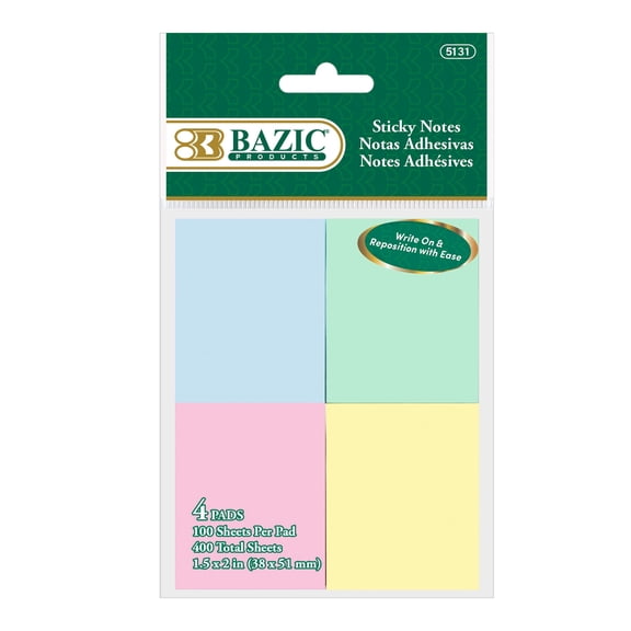 BAZIC Sticky Notes 1.5x2 Assorted Color, (400 Sheets/Pack), 1-Pack