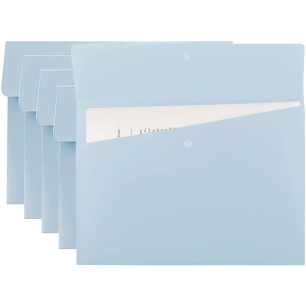 Carpetas de archivo FloreceBien tamaño carta, organizador de sobres de plástico, portadocumentos plano A4 con cierre de botón a presión (paquete de 5), azul pastel, paquete de 5