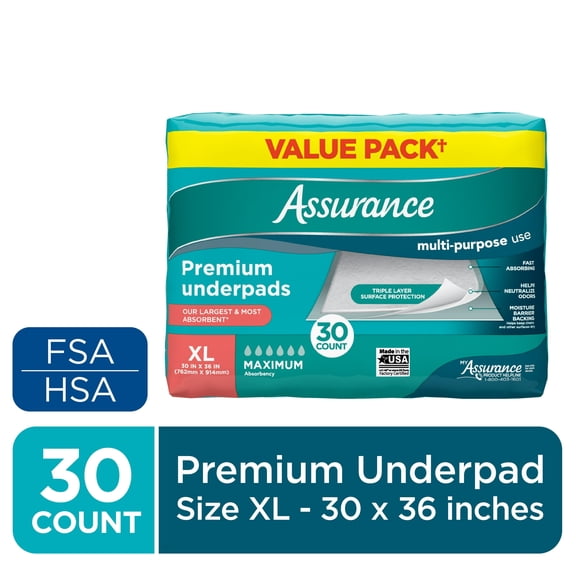 Unisex Premium Underpad for Adults, XL , Maximum Absorbency (30 Count)