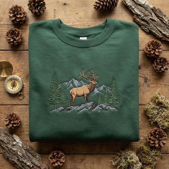 Embroidered Elk Sweatshirt, Majestic Deer Hoodie, Mountain Wildlife Crewneck, Hunter Gift, National Park Shirt, Nature Lover Top