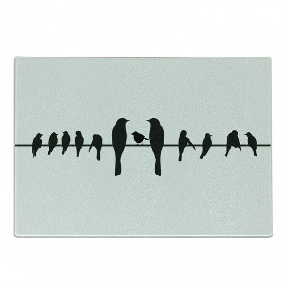 Bird on a Wire Cutting Board, Monochrome Simplistic Artwork with Big Little Avian Animal, Decorative Tempered Glass Cutting and Serving Board, in 3 Sizes, by Ambesonne