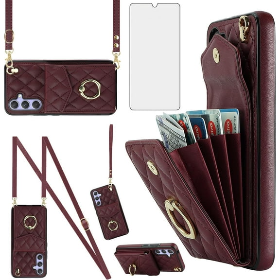 Phone Case for Samsung Galaxy A14/M14 5G Wallet Cover with Tempered Glass Screen Protector and Crossbody Wrist Strap Ring RFID Blocking Card Holder Girls Cell A 14 4G 14A 14M G5 Women Wine Red