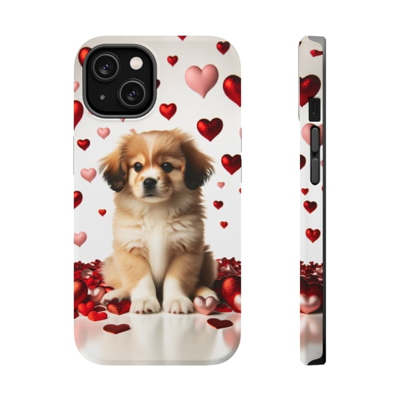 DistinctInk Tough Case for Apple iPhone 13 MINI (5.4" Screen), Compatible with MagSafe Charging - Valentine's Day Tibetan Spaniel Puppy
