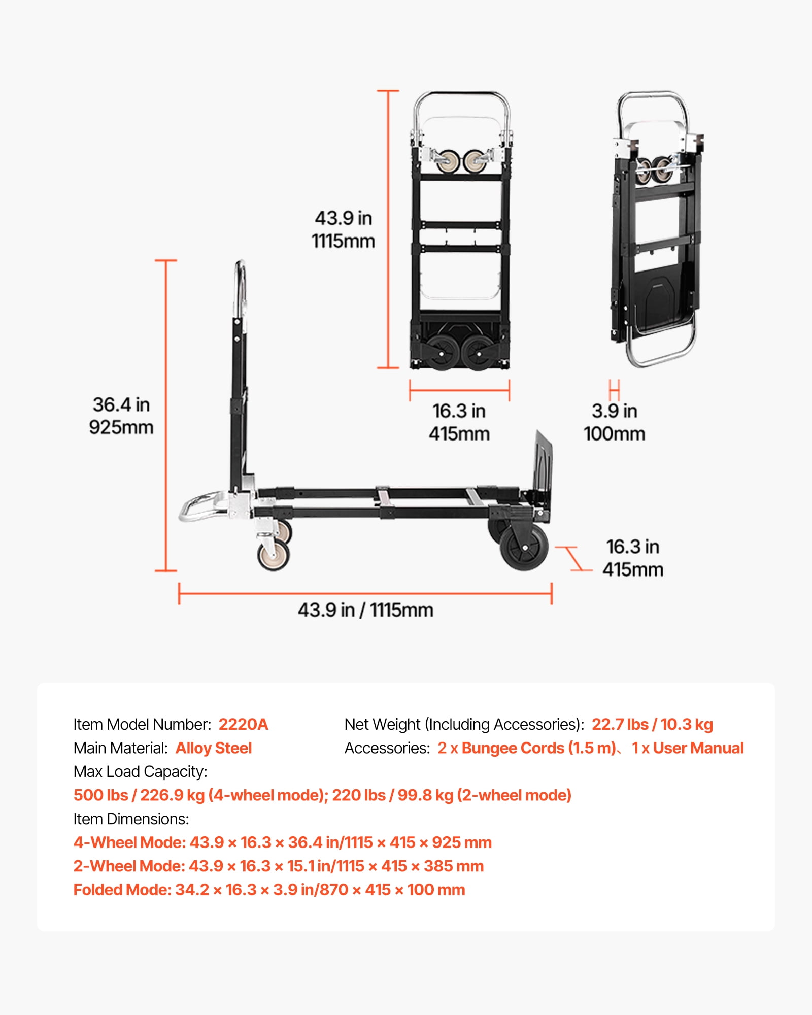 VEVOR 2 in 1 Folding Hand Truck, 500 lbs Load Capacity for 4-Wheel Mode, Convertible Hand Truck Dolly with Wheels & Adjustable Handle, Portable Trolley Dolly for Moving Home, Office, Warehouse
