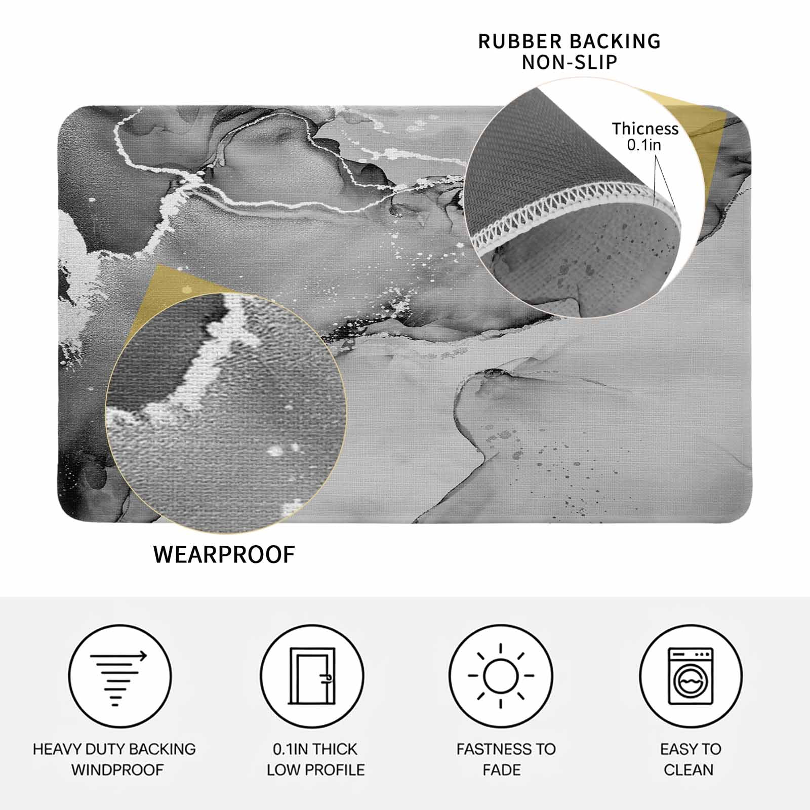 Marble Grey Doormat Outdoor Entrance 18"x30", Modern Abstract Ink Painting Luxury Absorb Moisture Dirt Door Mats, Non-Slip Rubber Backing Floor Mats Indoor, Low-Profile Front Door Rugs