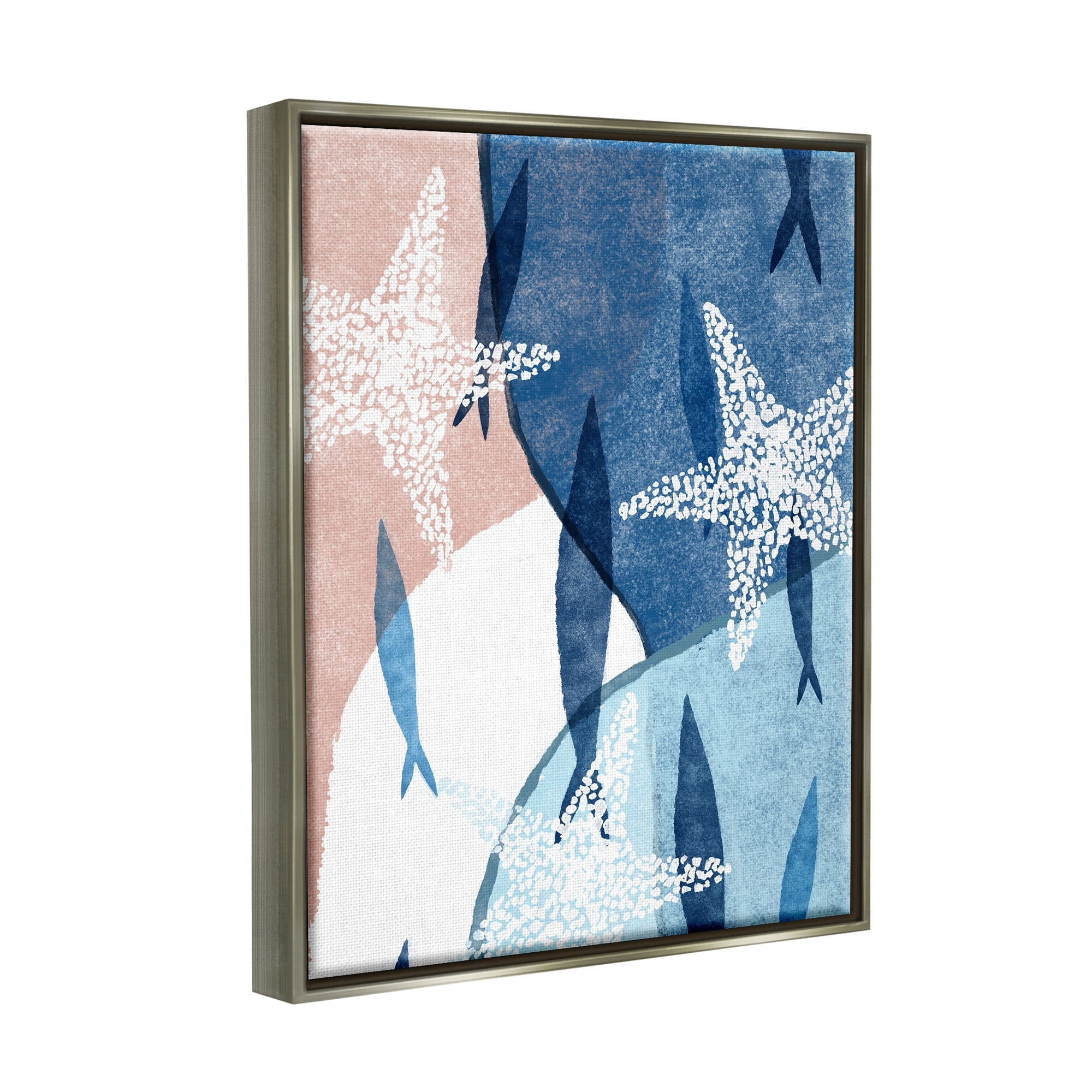 Stupell Industries Abstract Fish Swimming Speckled Starfish Blocked Design Painting Luster Gray Floating Framed Canvas Print Wall Art, Design by Ziwei Li