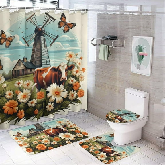 4Pcs French Country Shower Curtain Set with Rugs, Toilet Lid Cover and Bath Mat, Cow Farm Windmill Floral Butterfly Bathroom Curtains Decor Shower Curtains, 72" x 72"