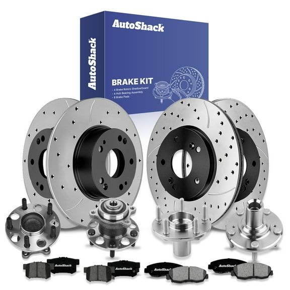 AutoShack Front Vented & Rear Solid Drilled & Slotted E-Coated Brake Rotors   Premium Ceramic Pads   Hub Bearing Repair Kit 16-PC Brake Kit Replacement for 2004-2008 Acura TSX ShadowGuard