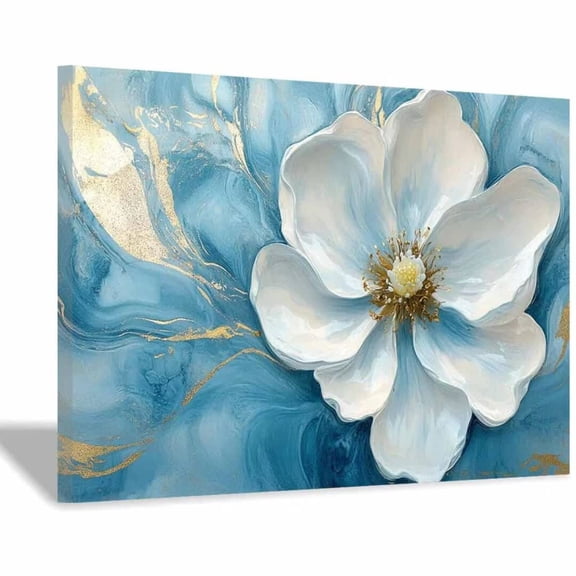 Mudket White Magnolia Flower on blue Marble with Gold Canvas Wall Art, Framed Floral Print, Ready to Hang Wall Decor for Living Room Office, Modern Abstract Artwork - 12"L x 8"W