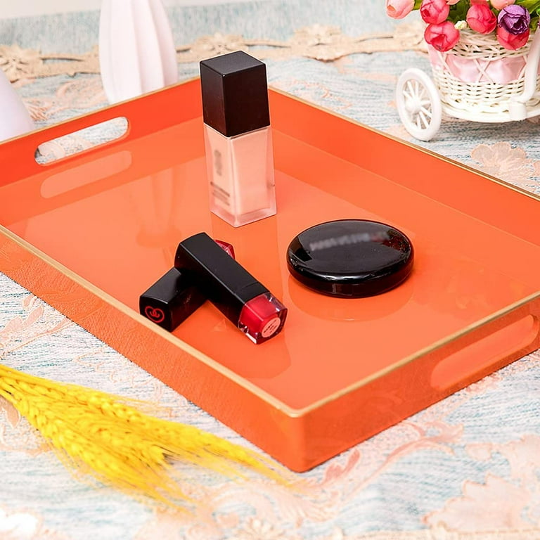 MAONAME Orange Serving Tray with Handles Modern Decorative Tray for Coffee Table Plastic Rectangular Tray for Ottoman Bathroom Halloween Decor
