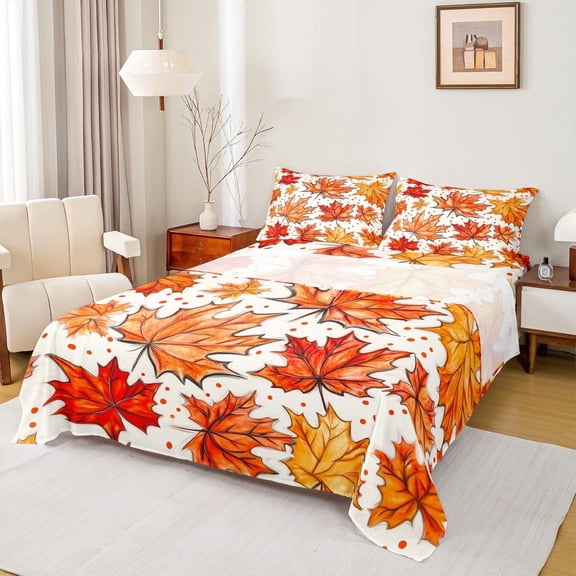 Manfei Orange Maple Leaf Full Sheet Sets, Fall Autumn Bed Sheets Full, Plant Botanical Bedding Sets Full Size, Microfiber Room Decor, 4 Pieces