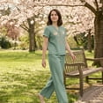 thumbnail image 6 of WULMLEO Women Floral Embroidery Notch Neck Sets Short Sleeve Linen Blend Top Wide Leg Cropped Pants 2 Piece Summer Casual Outfits Light Green 3XL, 6 of 7