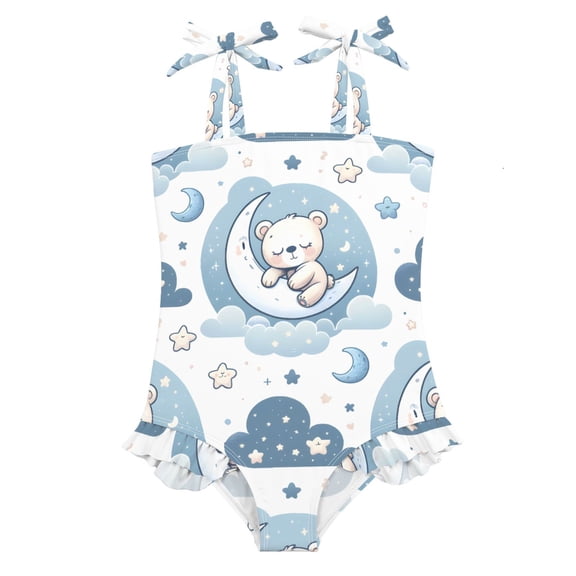 Cute Little Teddy Bear Girls' One-Piece Swimsuit Bowknot Tie Shoulder Ruffled Stretchy Quick Dry