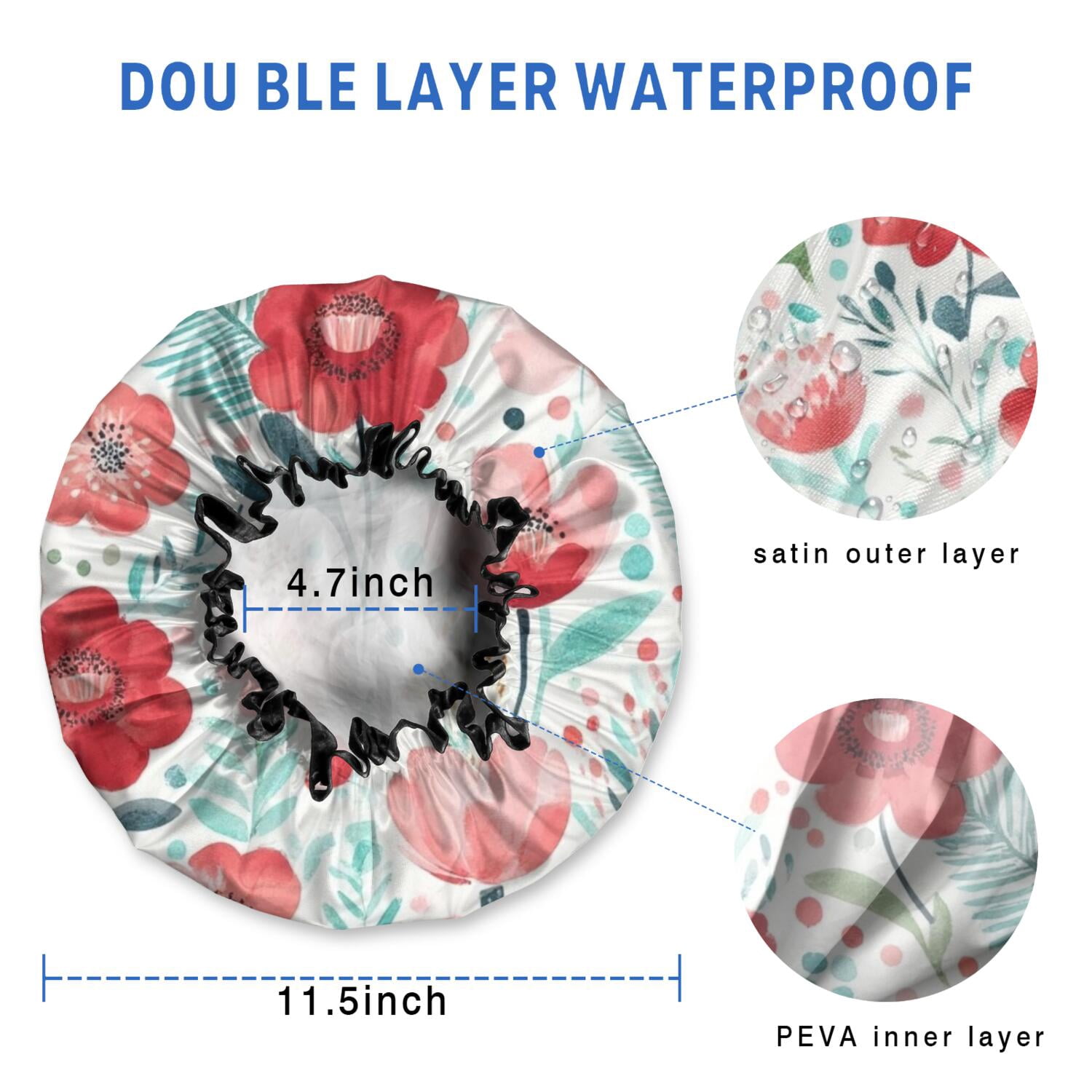 Shower Caps,Pioneer Flower Floral Print Pattern Waterproof Shower Cap for Women 4 Pieces,Double Reusable Hair Cover for Shower PEVA Elastic Stretch Hem