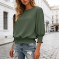 thumbnail image 2 of COMVALUE Banded Bottom Tops for Women Smocked Tops Elastic Cinched Waist Top Dressy Blouse 3/4 Length Sleeve Casual Outfits Army Green for Size M, 2 of 7
