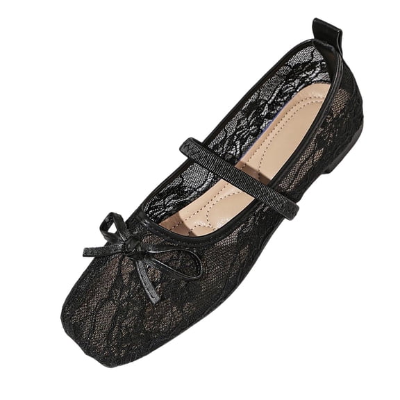 Black Womens Breathable Mesh Square Toe Flats Slip On Hollow Out Bow Accent Flat Sole Casual Outdoor Versatile Mesh Shoes