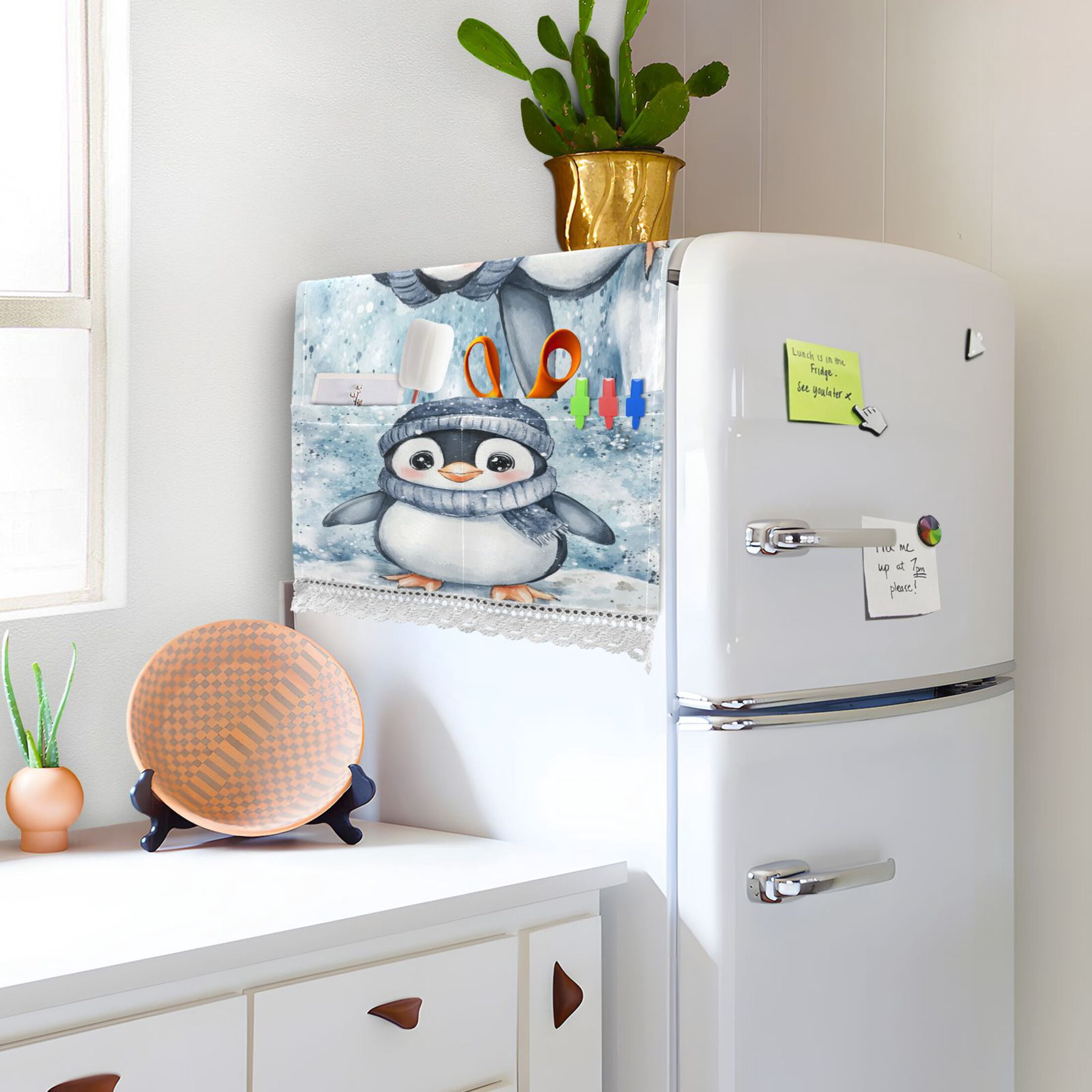 WOBOGO Blue Scarf Penguin Pattern Washing Machine Cloth Dryer Refrigerator Top Cover Protective Non-Slip Mat For Kitchen Laundry