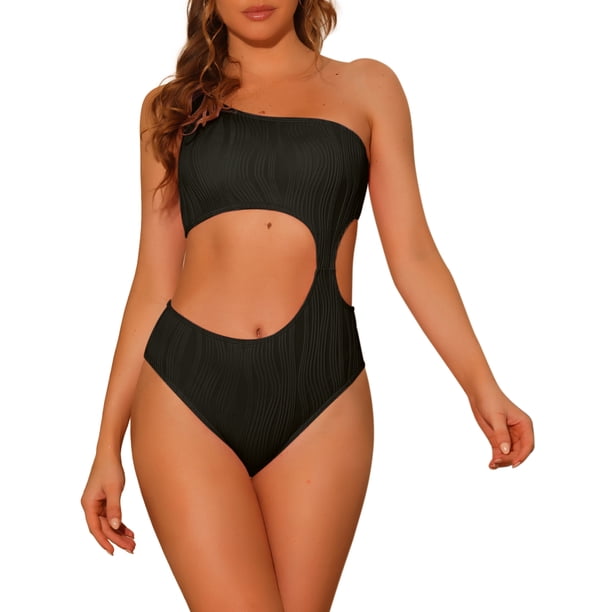 INSPIRAR CHIC Traje de baño de una pieza para mujer, con un solo hombro, corte asimétrico en la cintura, bañador de canalé, monokini, talla X pequeña, negro
