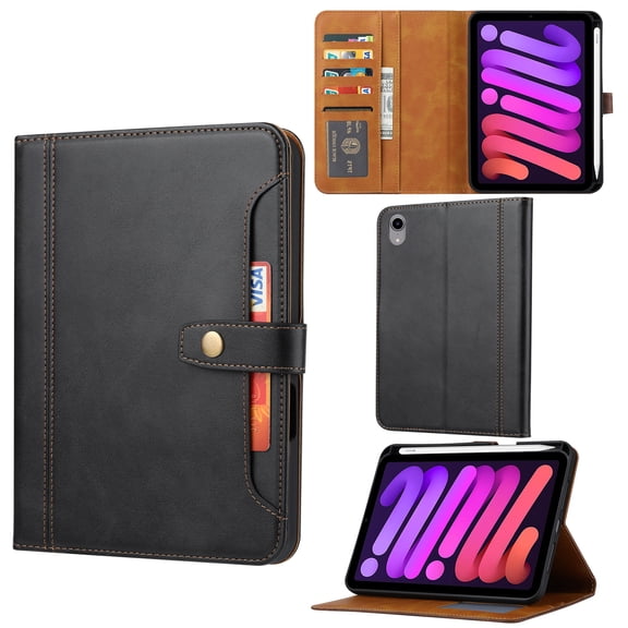 TECH CIRCLE for iPad Mini 8.3" (A17 Pro), iPad Mini 6 8.3" (6th Gen) Smart Folio Case, Auto Sleep Wake, Built-in Stand, Pencil Holder, Card Slots, Cash Slots, Classic PU Leather Flip Cover, Black