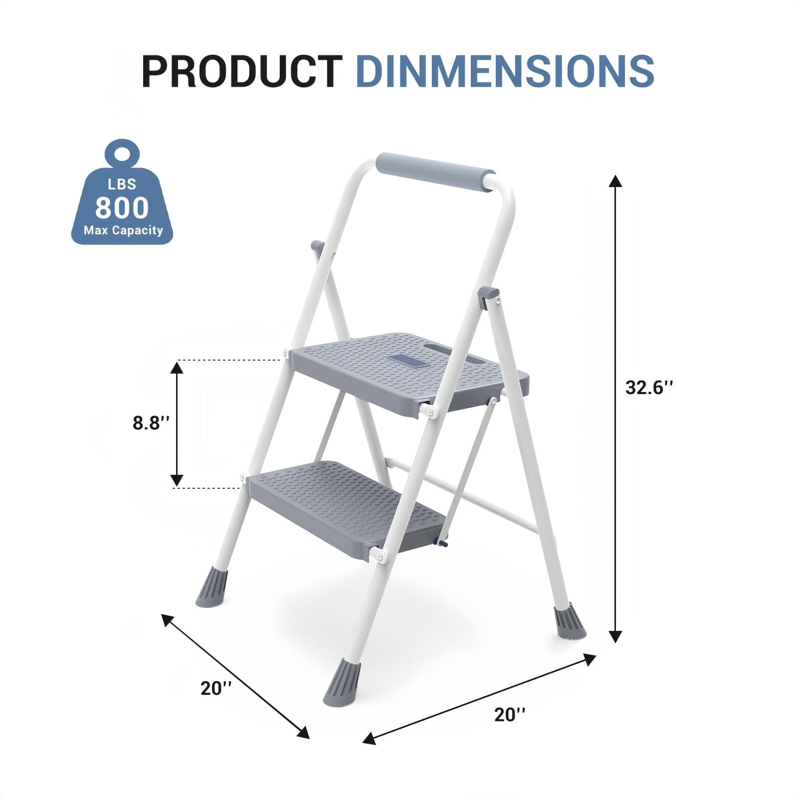 Kelno 2 Step Ladder 800Lbs Capacity Folding Step Stool with Anti Slip Pedals Safety Handrail, Gray White