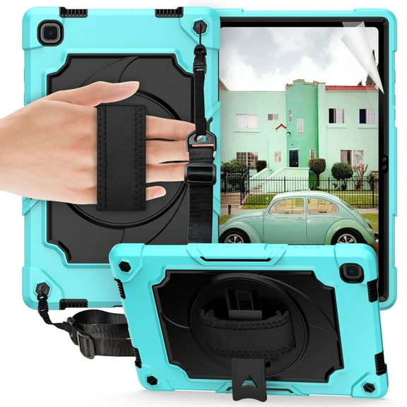 Dteck Rugged Case for Samsung Galaxy Tab A7 10.4 inch 2020 SM-T500 T505 with Soft Screen Protector, Heavy Duty High Impact Shockproof Case with 360 Rotating Handle Stand Shoulder Strap,Mint/Black