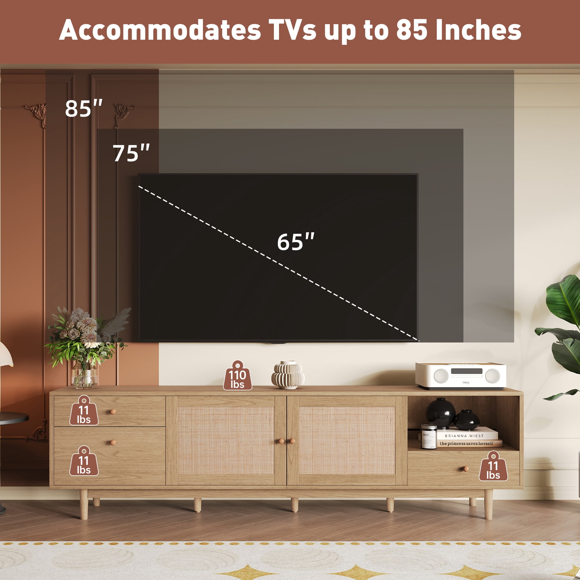 Boho TV Stand for 65 75 85 Inch TV, 76.6 Inch Entertainment Center with Real Rattan Doors, Open Storage and 3 Drawers, Modern Wood Media Console, Natural