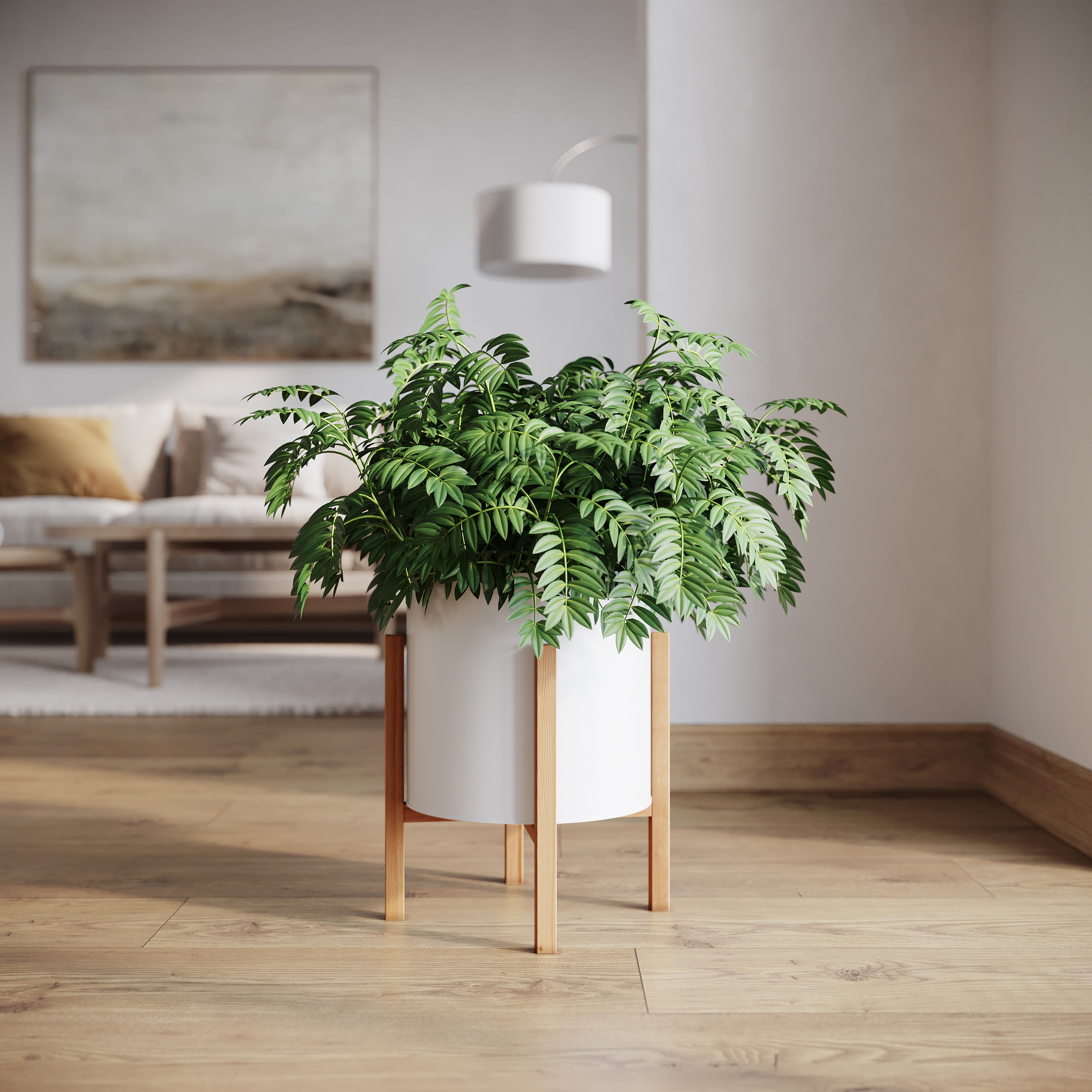 Raya White Mid-Century Modern Indoor Metal Pot Planter with 4-Leg Wood Base - 14.75" H x 12" W