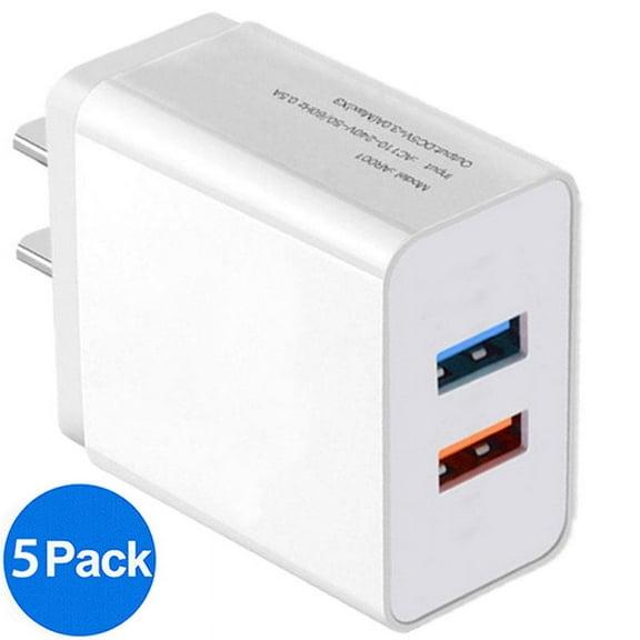 USB Wall Charger Adapter 1A/5V 5-Pack Travel Dual USB Charging Block Brick Charger Power Adapter Cube Compatible with Phone Xs/XS Max/X/8/7/6 Plus, Galaxy S9/S8/S8 Plus, Moto, Kindle, LG, HTC, Google