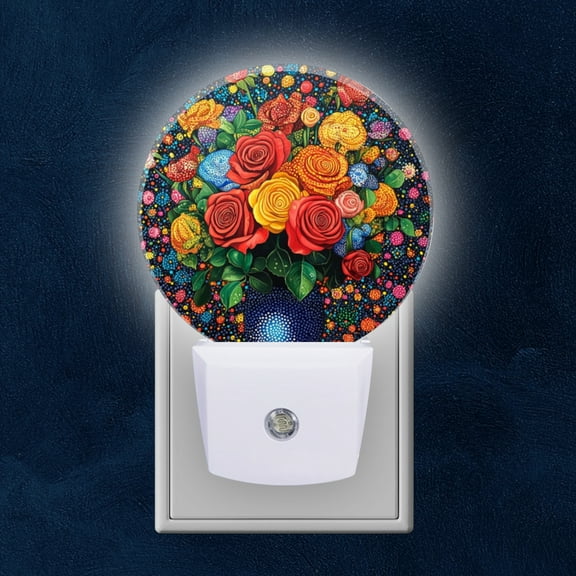 Round LED Night Lights Lamp with Dusk to Dawn Sensor, Colorful Roses In SeOf Dots Night Light Plug Into Wall for Kids Room, Bedroom, Bathroom, Kitchen, Hallway