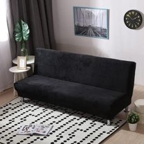 Plush armless futon Cover,Velvet Soft Solid Color Futon slipcover,Stretch 2 3 Seater Sofa Bed Cover for Home Office Hotel (Black,M)