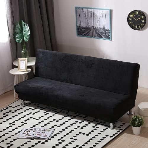 Plush armless futon Cover,Velvet Soft Solid Color Futon slipcover,Stretch 2 3 Seater Sofa Bed Cover for Home Office Hotel (Black,M)