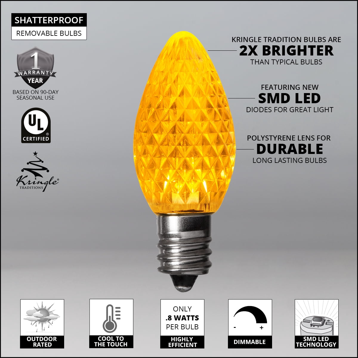 Kringle Traditions LED Christmas Light Bulbs, LED Bulbs Christmas LED Light Replacement Bulbs, Pack of 25, Dimmable SMD Shatter Resistant (Gold, C7 Bulbs / E12 Base)