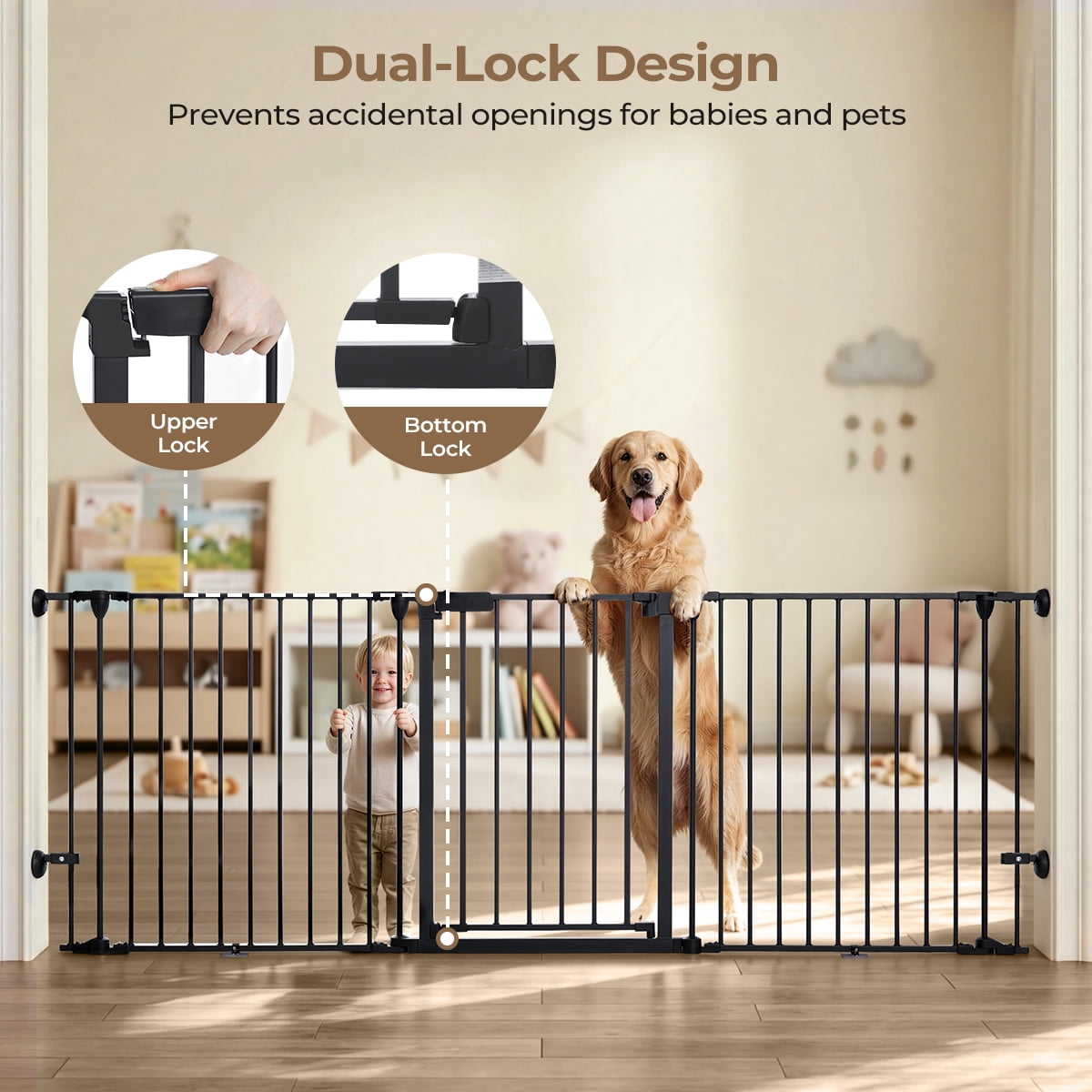 Pet Safety Gate, 3Panels 80" Extra Wide Iron Gates for Doorway Kitchen Playard, Black